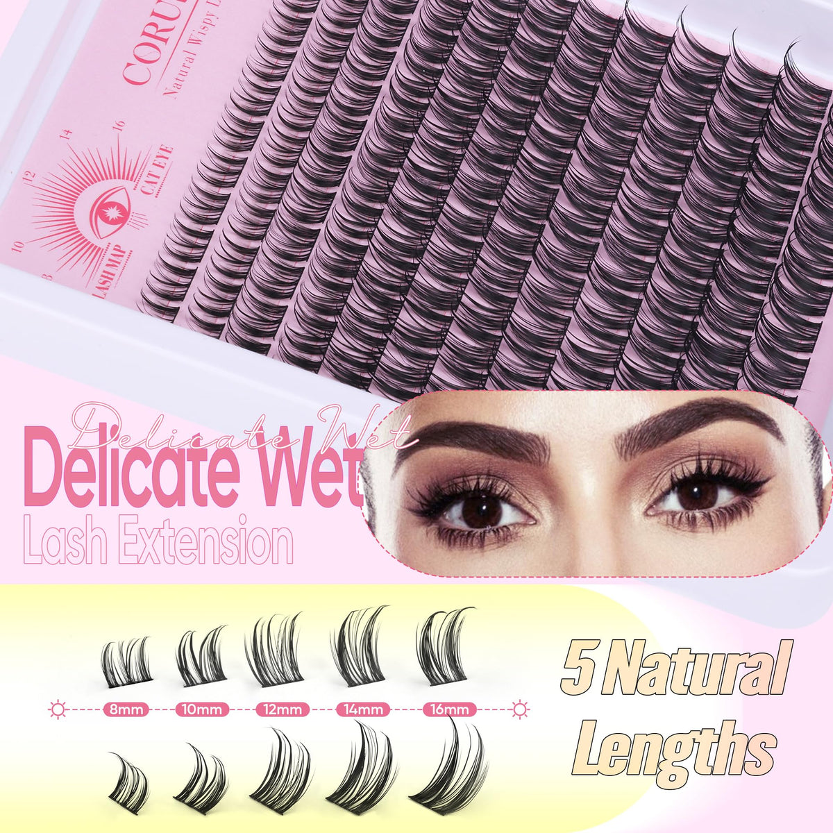 CORUSCATE Wispy Lash Clusters 10mm-12mm display fluttery, balanced lash line possibilities.