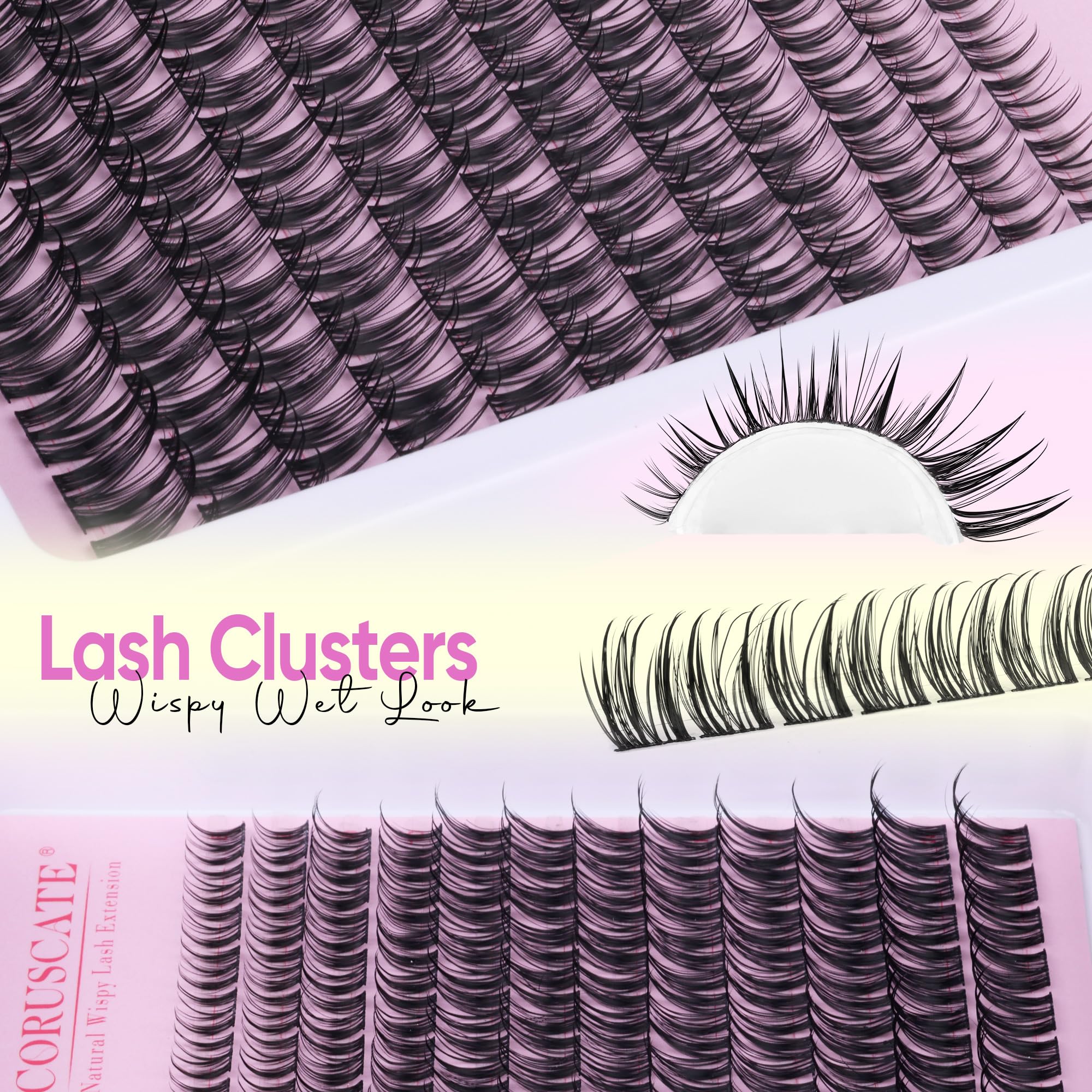 CORUSCATE Wispy Lash Clusters 14-16mm options offer glam drama when layered.