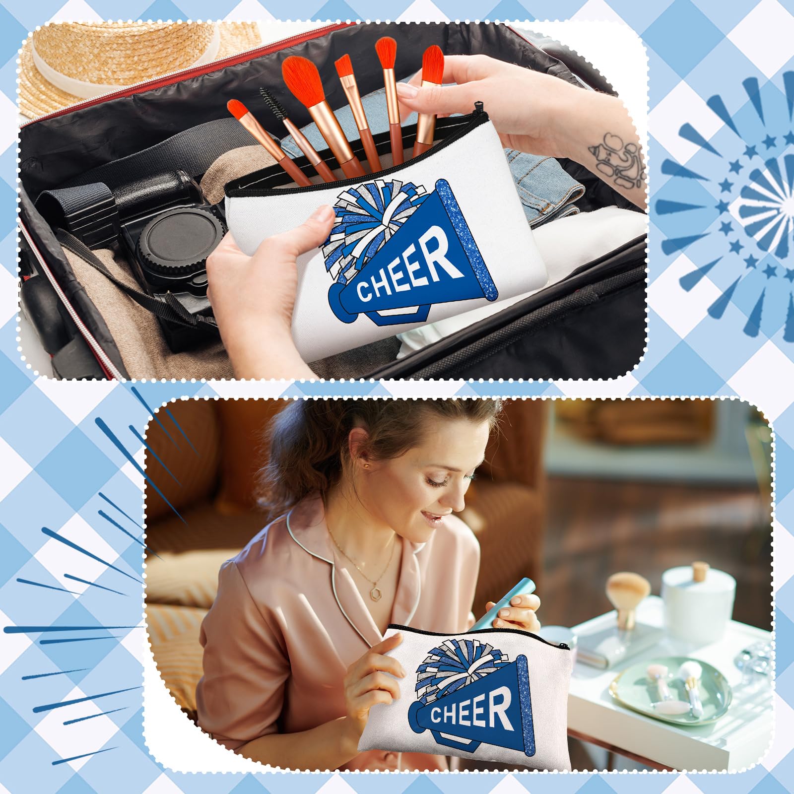 Cosblank cheer makeup bag blue side view highlighting compact size for pockets and backpacks