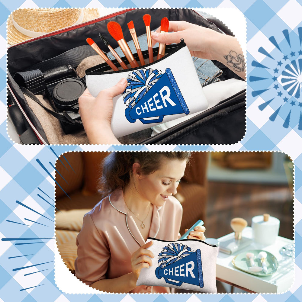 Cosblank cheer makeup bag blue side view highlighting compact size for pockets and backpacks
