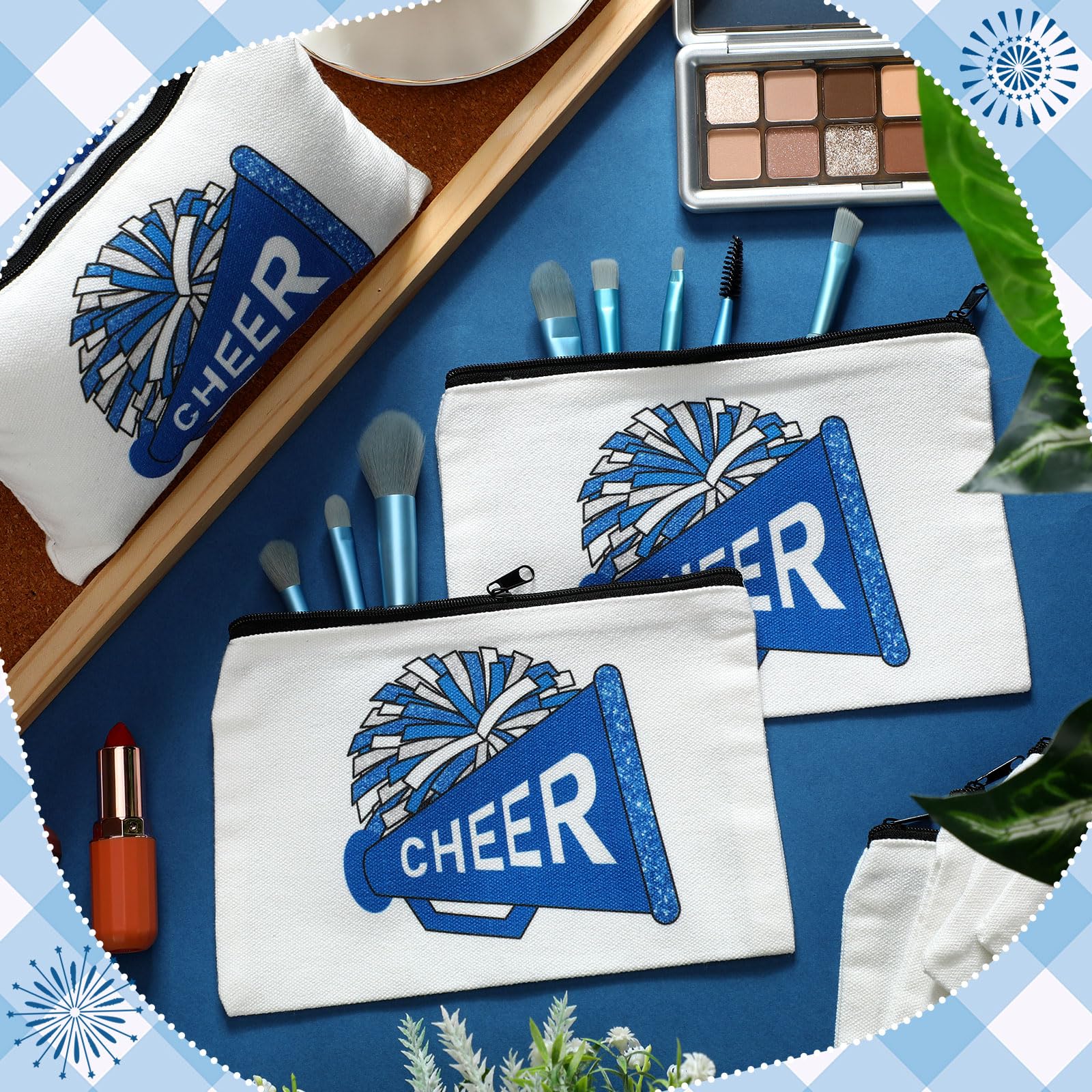 Cosblank cheer makeup bag blue zipper pouch viewed from side for organizing cosmetics