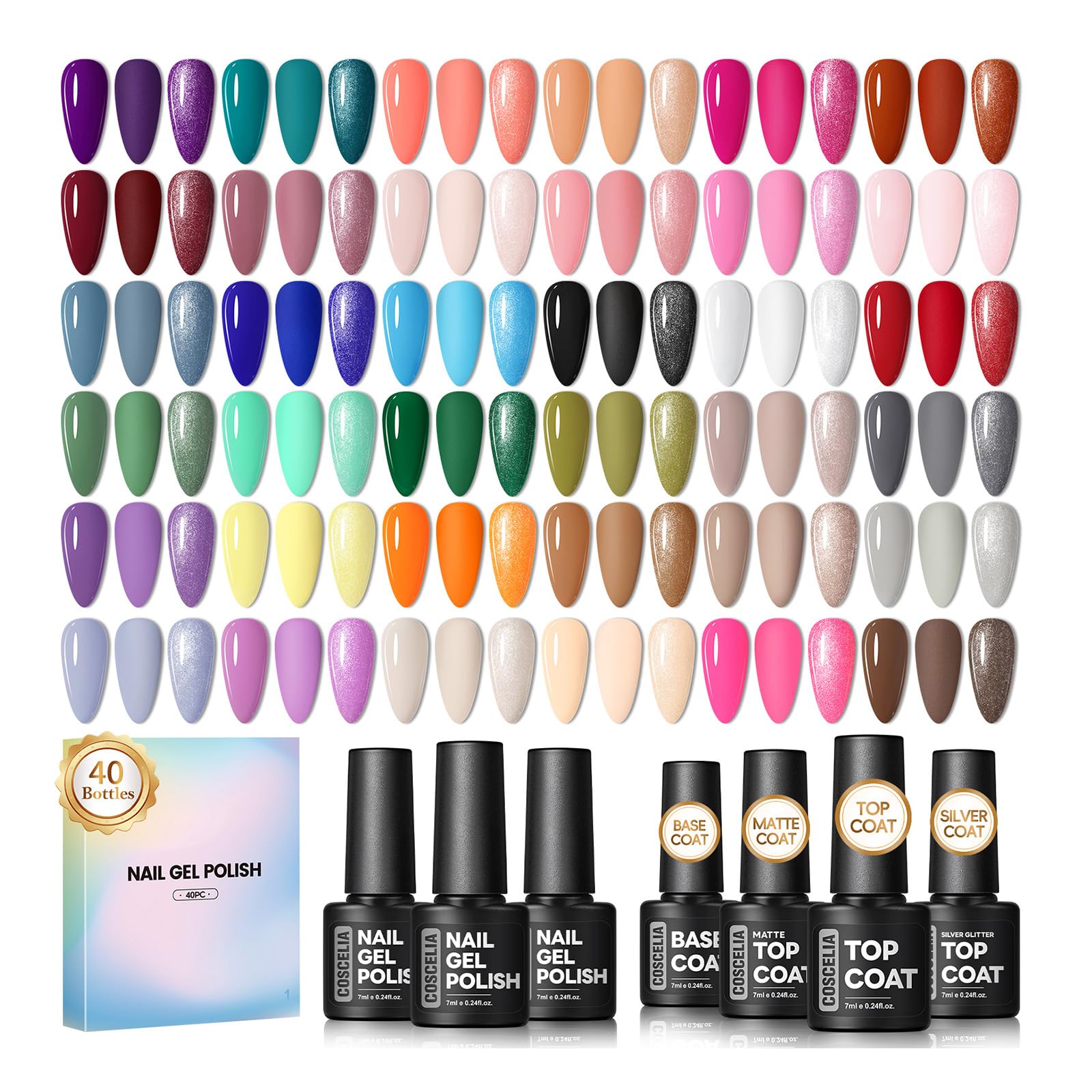 Coscelia gel nail polish set bottle array shows 40pcs colors for quick color choices