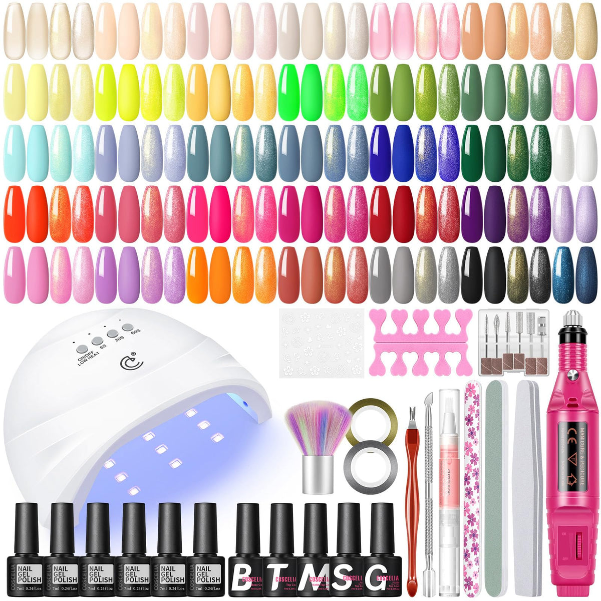 COSCELIA 53PCS gel nail kit with UV lamp displays a complete at-home setup
