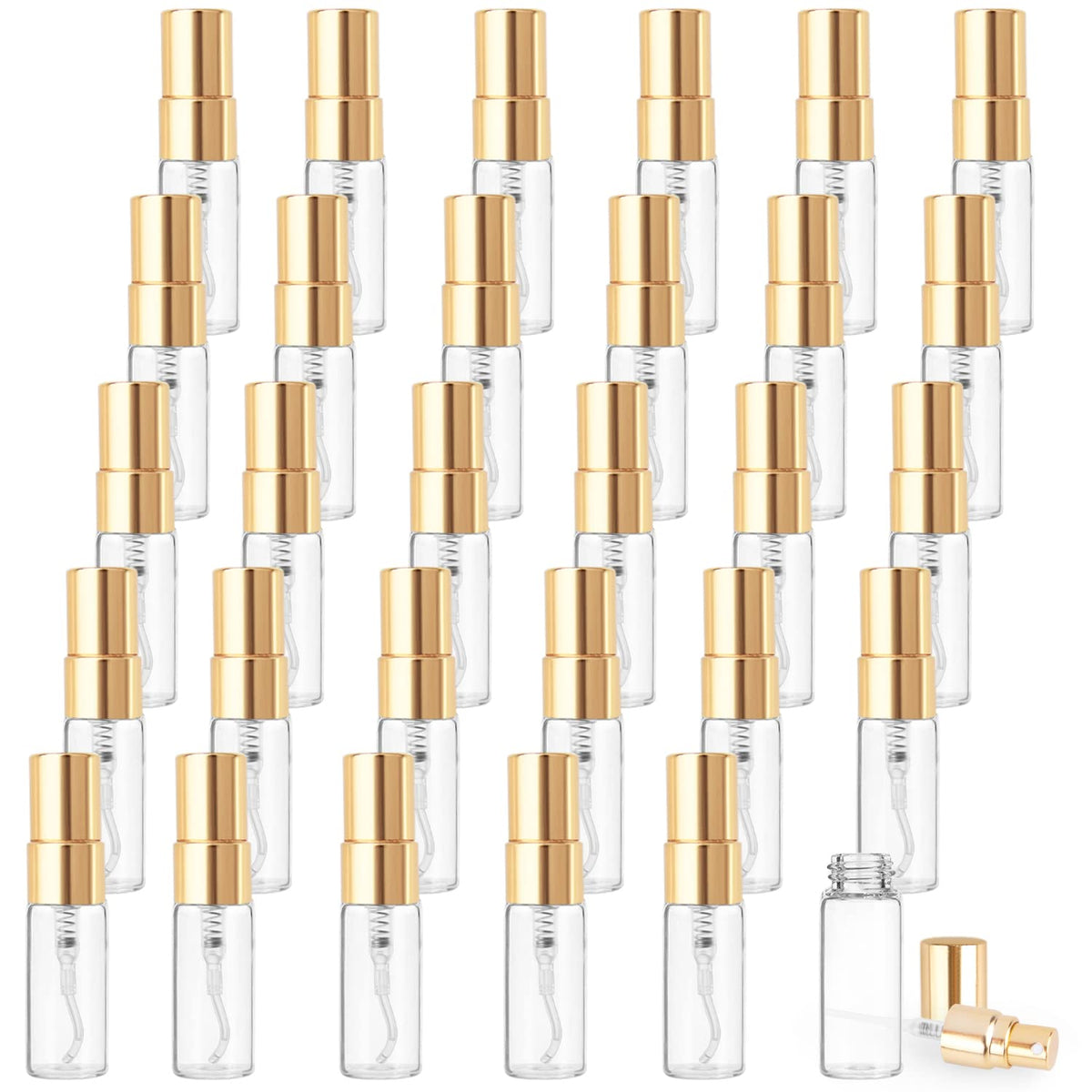 Cositina 3ml mini glass bottle with clear body and gold lid for travel fragrance samples.