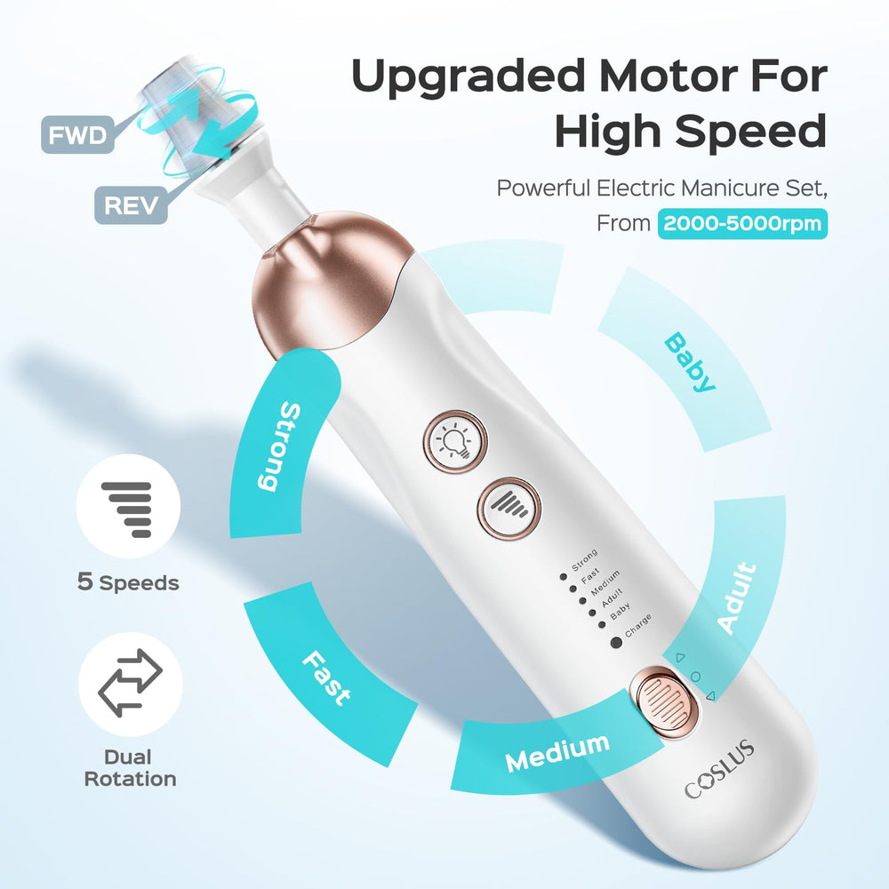 COSLUS 5-speed nail drill supports versatile nail care with quiet operation.