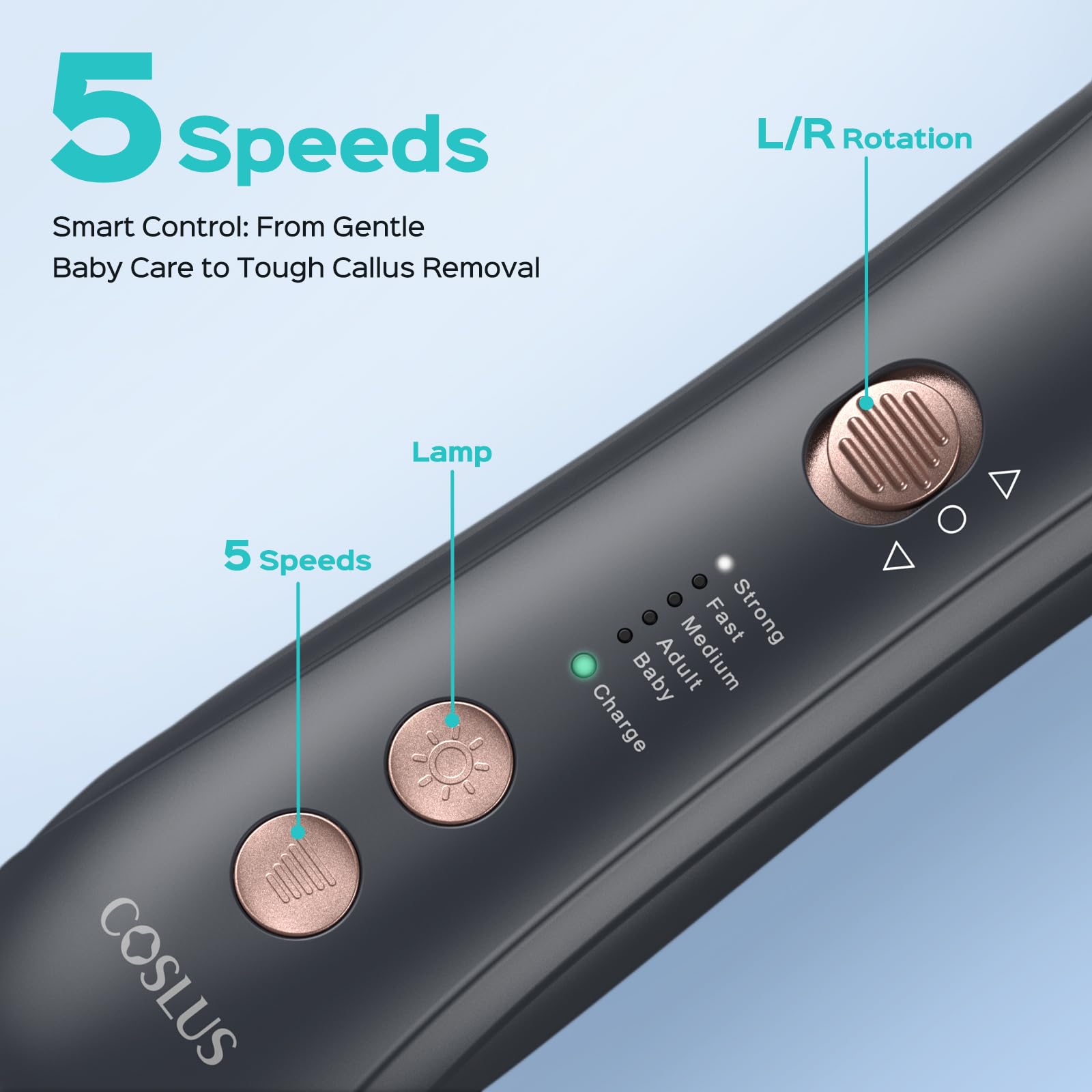 COSLUS 5-speed nail file adapts from delicate to thick nail care tasks.