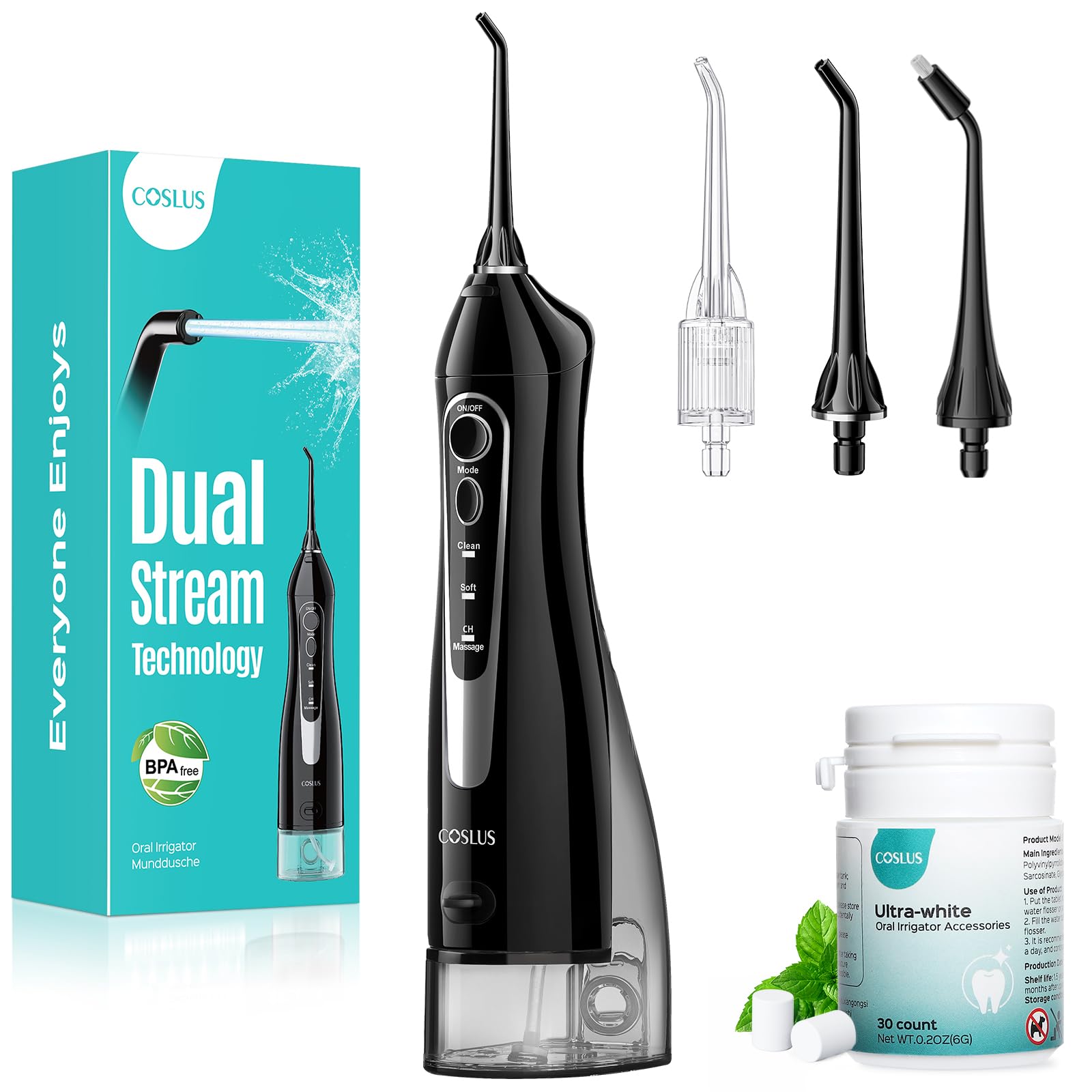 COSLUS C20 black flosser pick front angle showing sleek design and portability