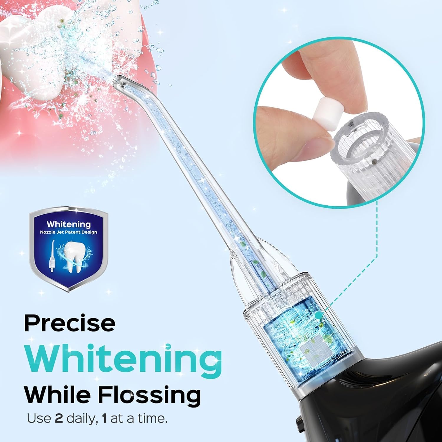 COSLUS three nozzle tips laid out for braces, standard, and whitening use