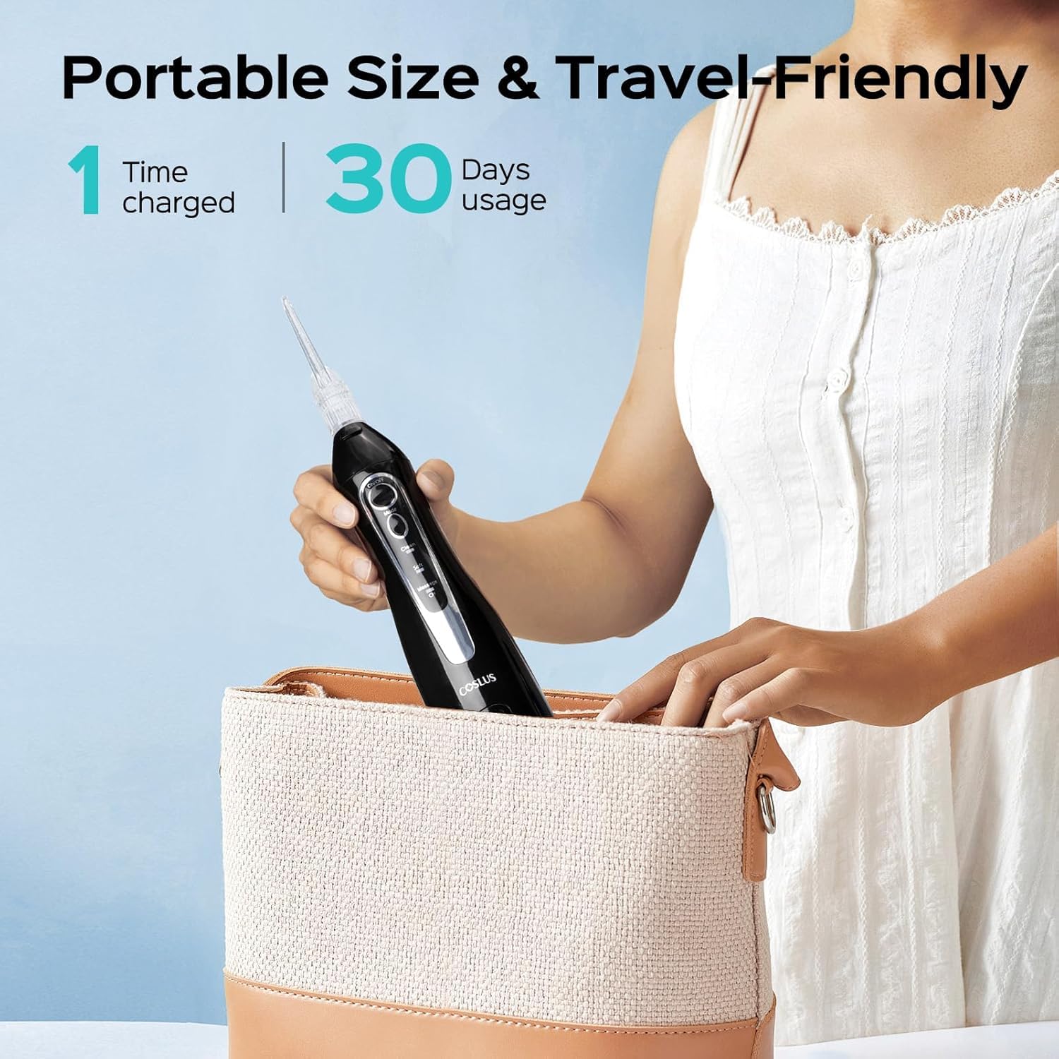 COSLUS travel-ready setup with flosser and refills for on-the-go oral care
