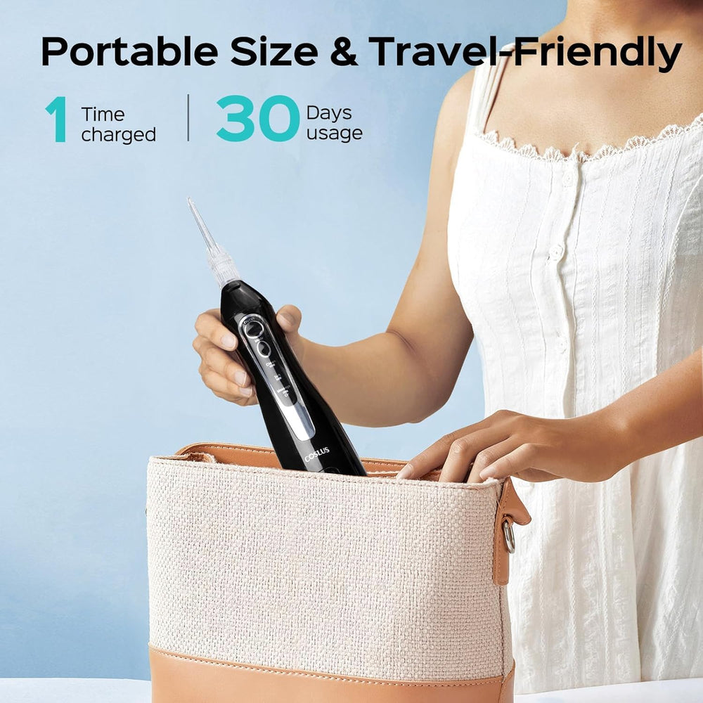 COSLUS travel-ready setup with flosser and refills for on-the-go oral care