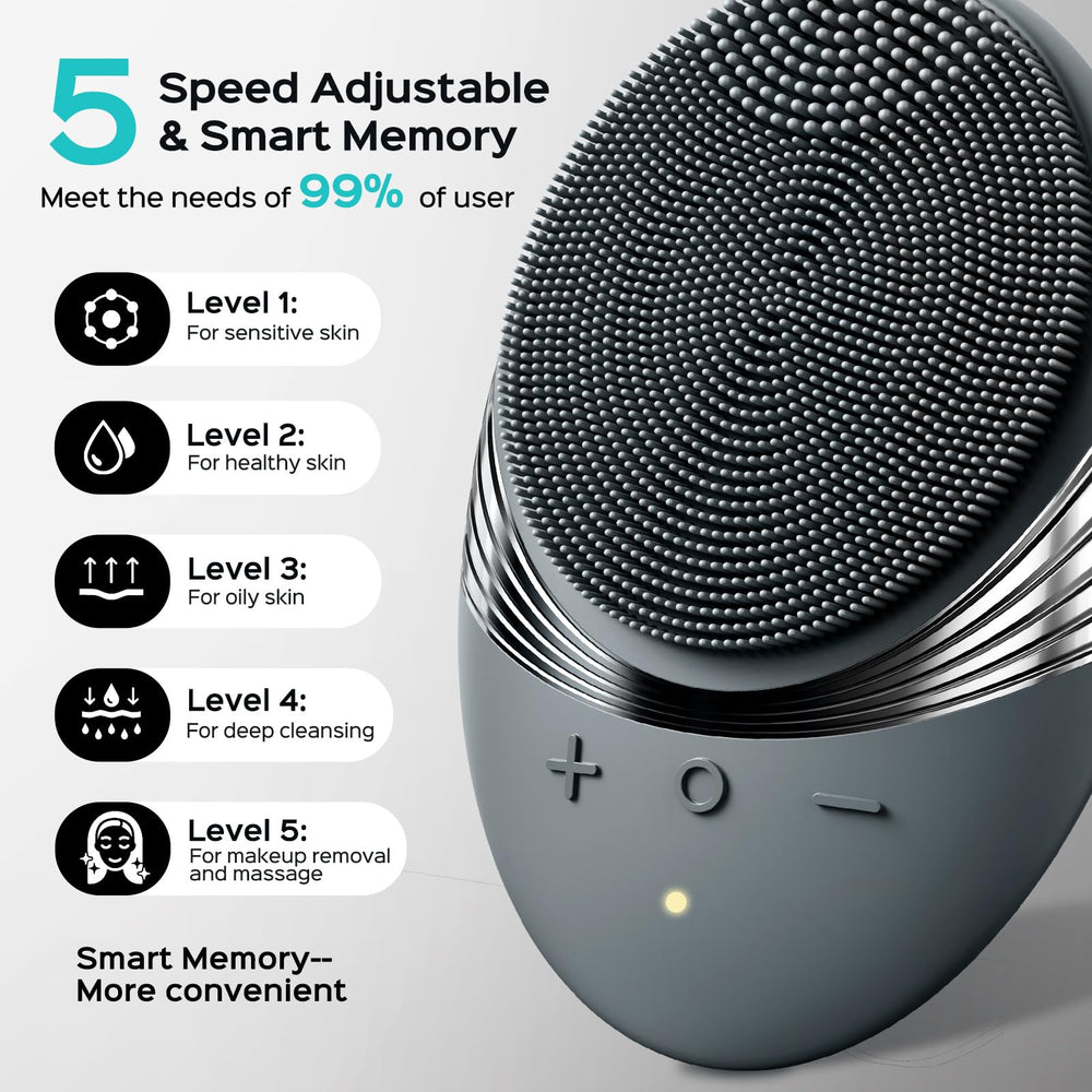 COSLUS cleansing brush with 5 modes and memory for customized routine.