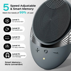 COSLUS cleansing brush with 5 modes and memory for customized routine.