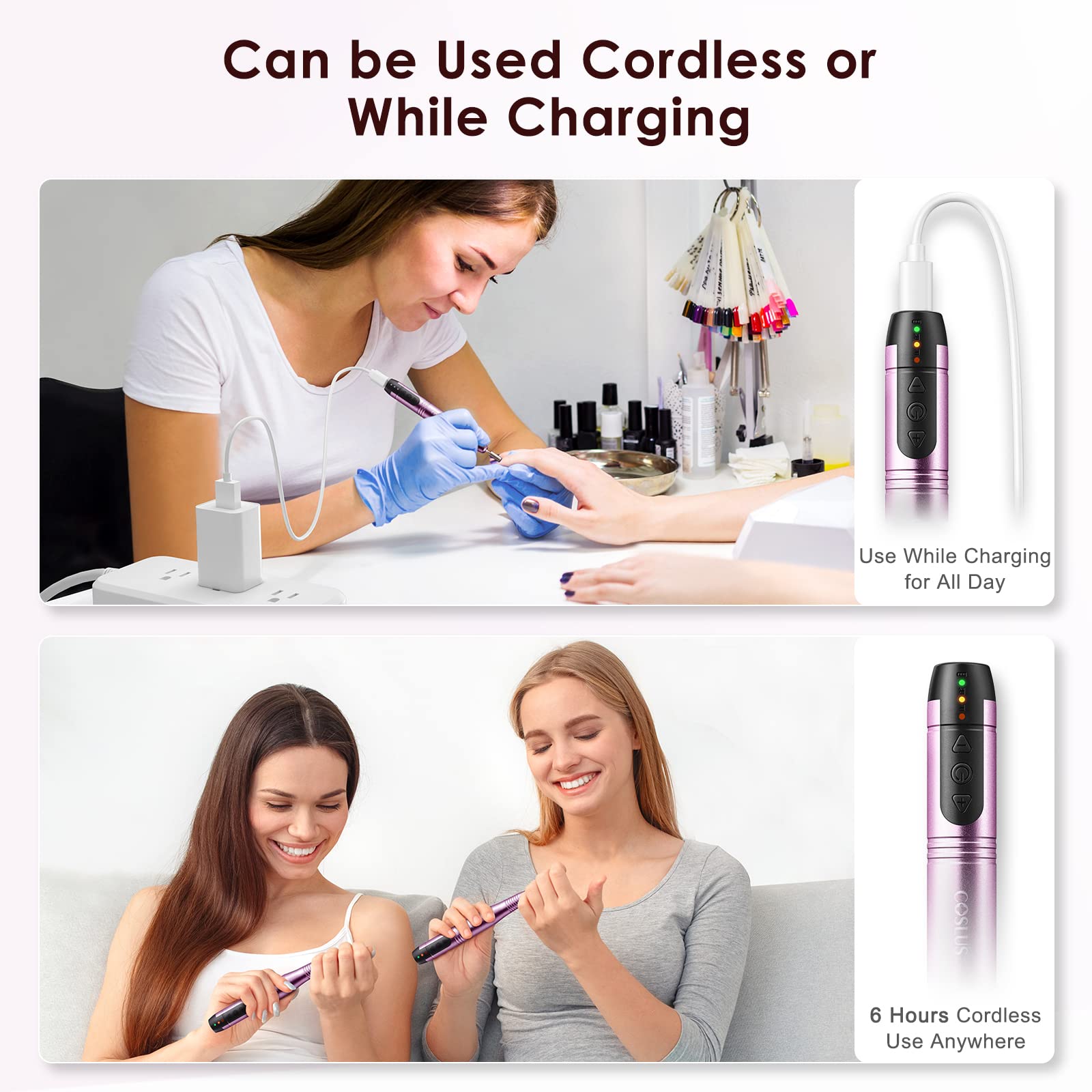 COSLUS cordless nail drill battery delivers up to six hours of use