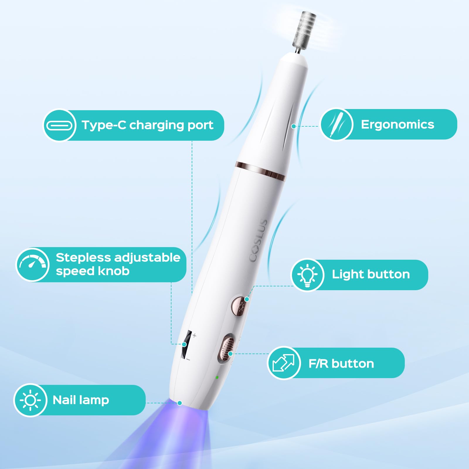 COSLUS battery and USB-C charging view illustrating cordless travel-friendly setup.
