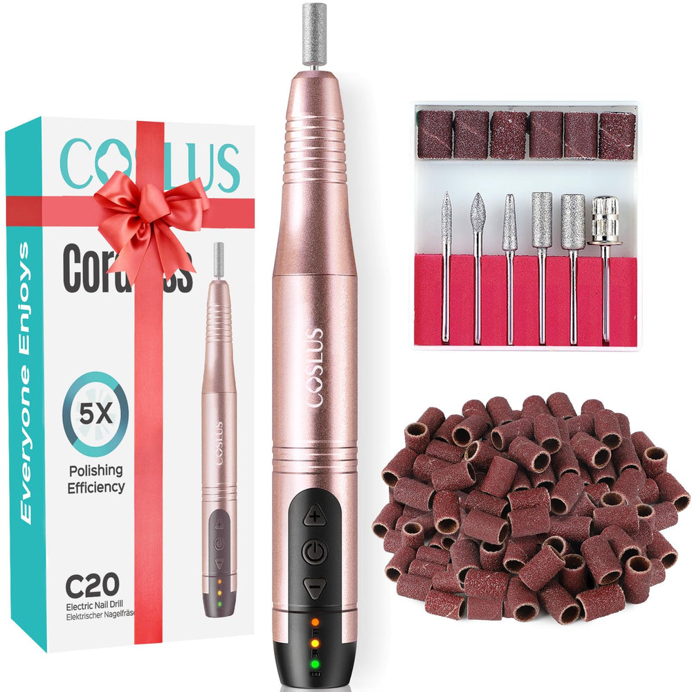 COSLUS cordless nail drill front view highlights portable professional design for on-the-go manicures.