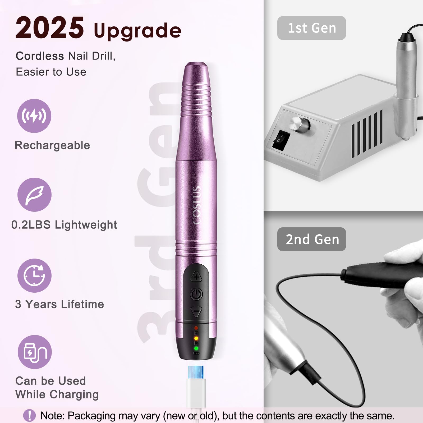 COSLUS cordless nail drill held in hand showing ergonomic design