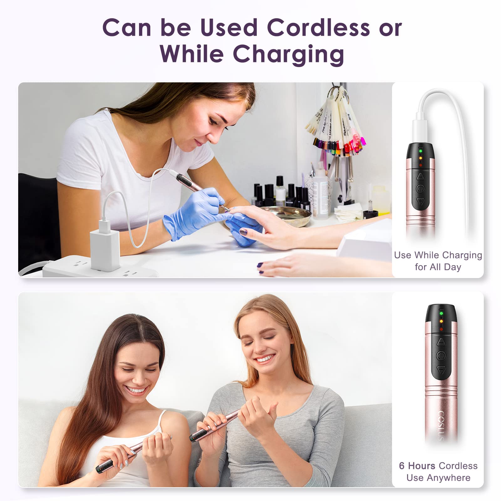 COSLUS cordless nail drill low heat design provides quiet, comfortable pedicure experiences.