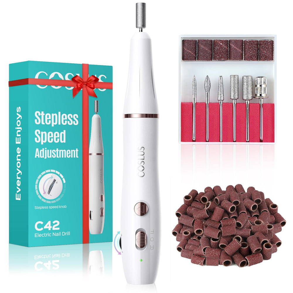 COSLUS cordless nail drill with stepless knob enables precise speed control during manicures.