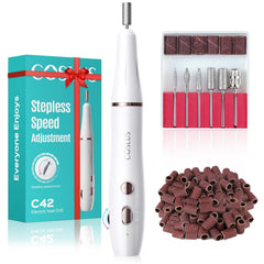 COSLUS cordless nail drill with stepless knob enables precise speed control during manicures.
