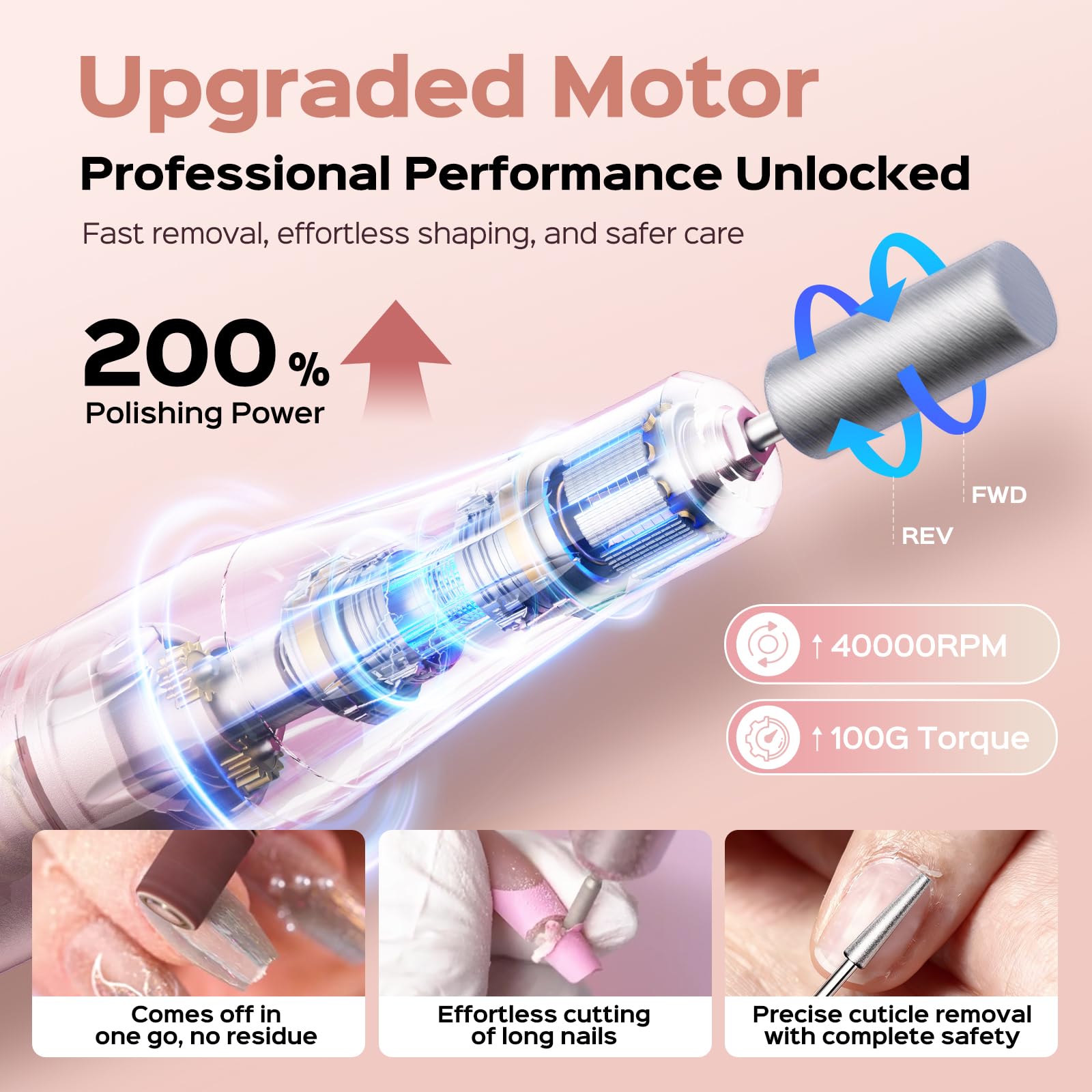 COSLUS 40k RPM motor delivers fast gel removal with smooth, controlled grinding.