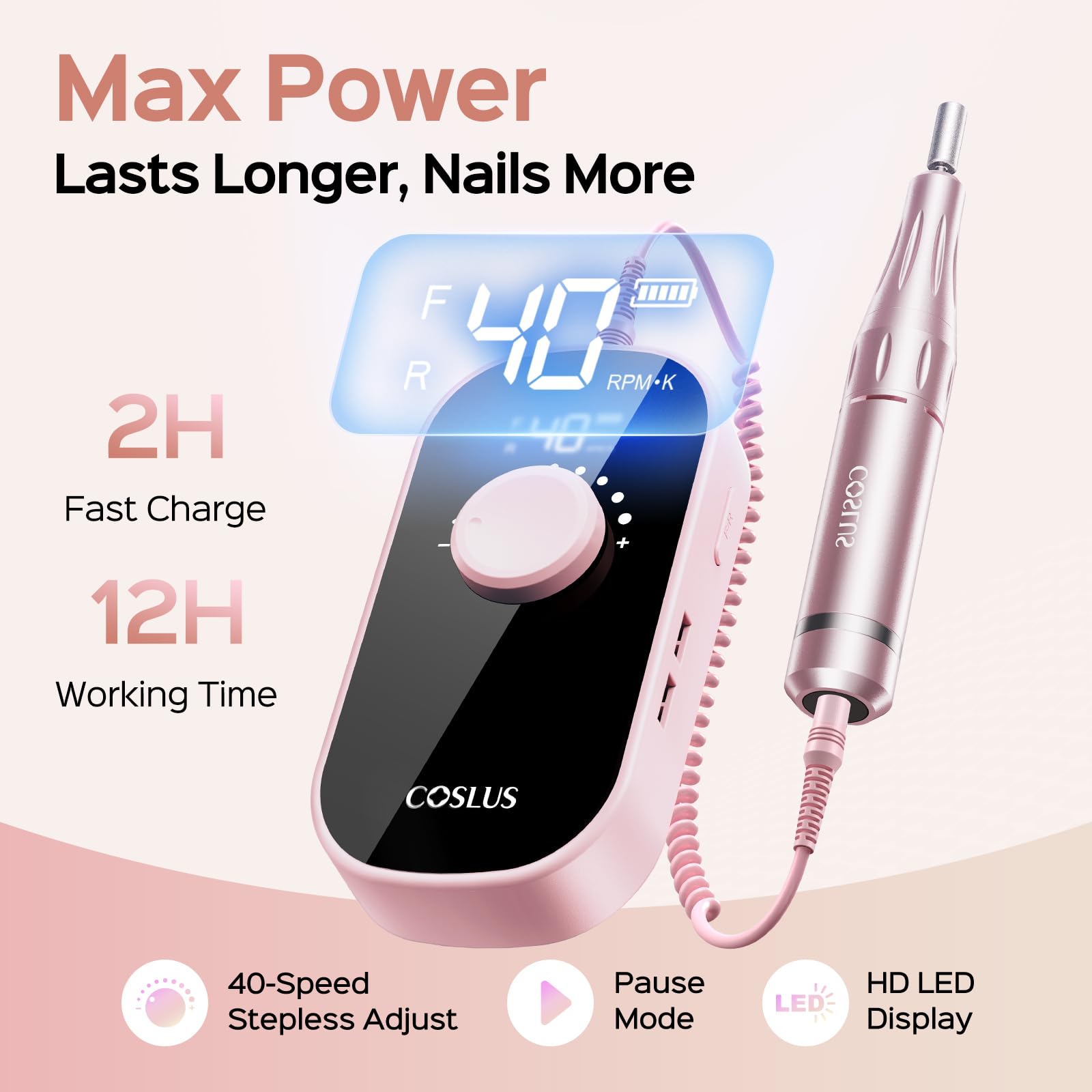COSLUS nail drill LCD display shows speed and battery for precise sessions.