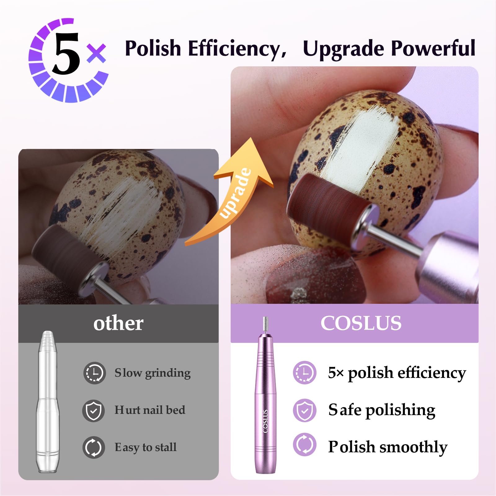 COSLUS electric nail drill side view highlights ergonomic grip for comfortable longer sessions.