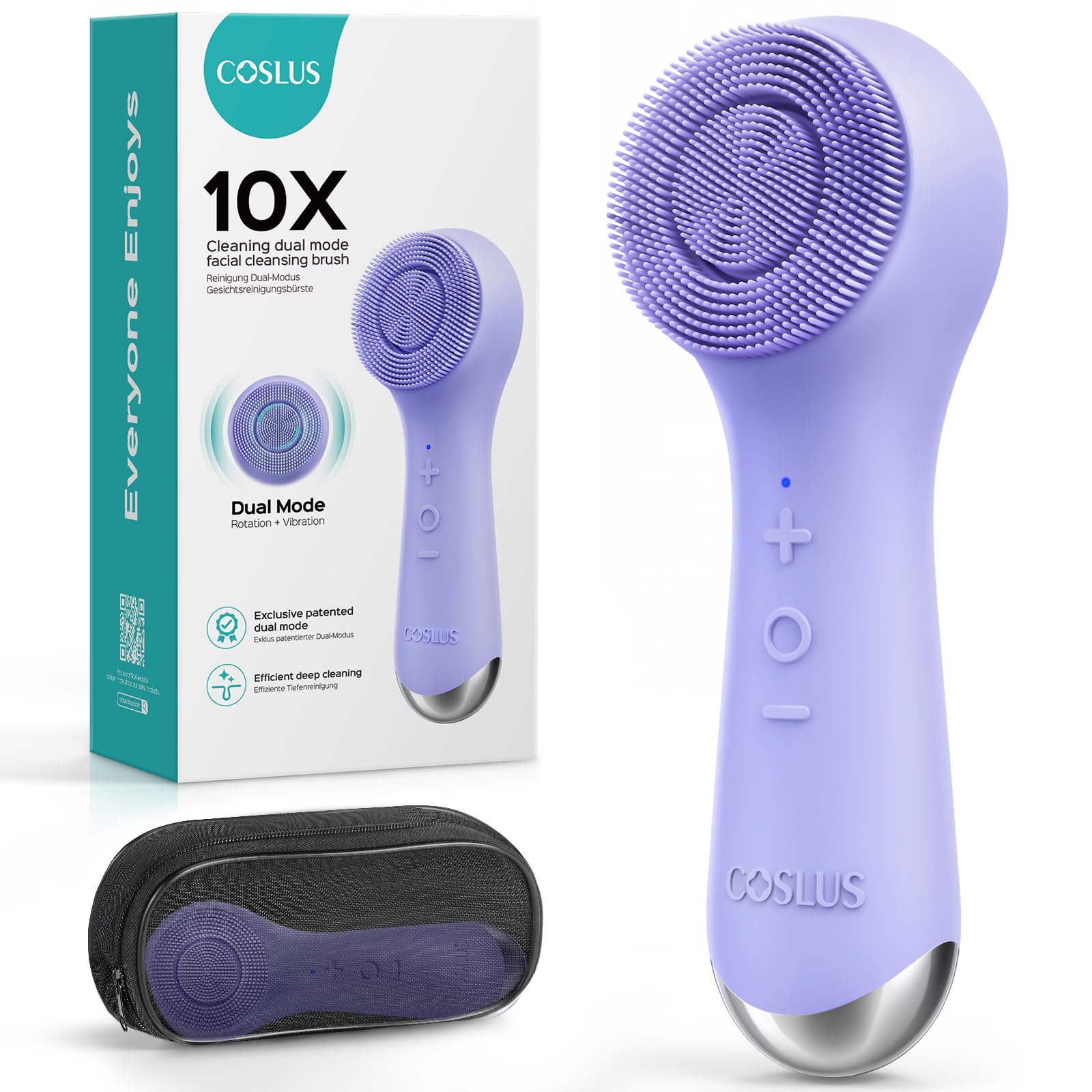 COSLUS Face Scrubber shows 2-in-1 spin and vibration for a thorough clean