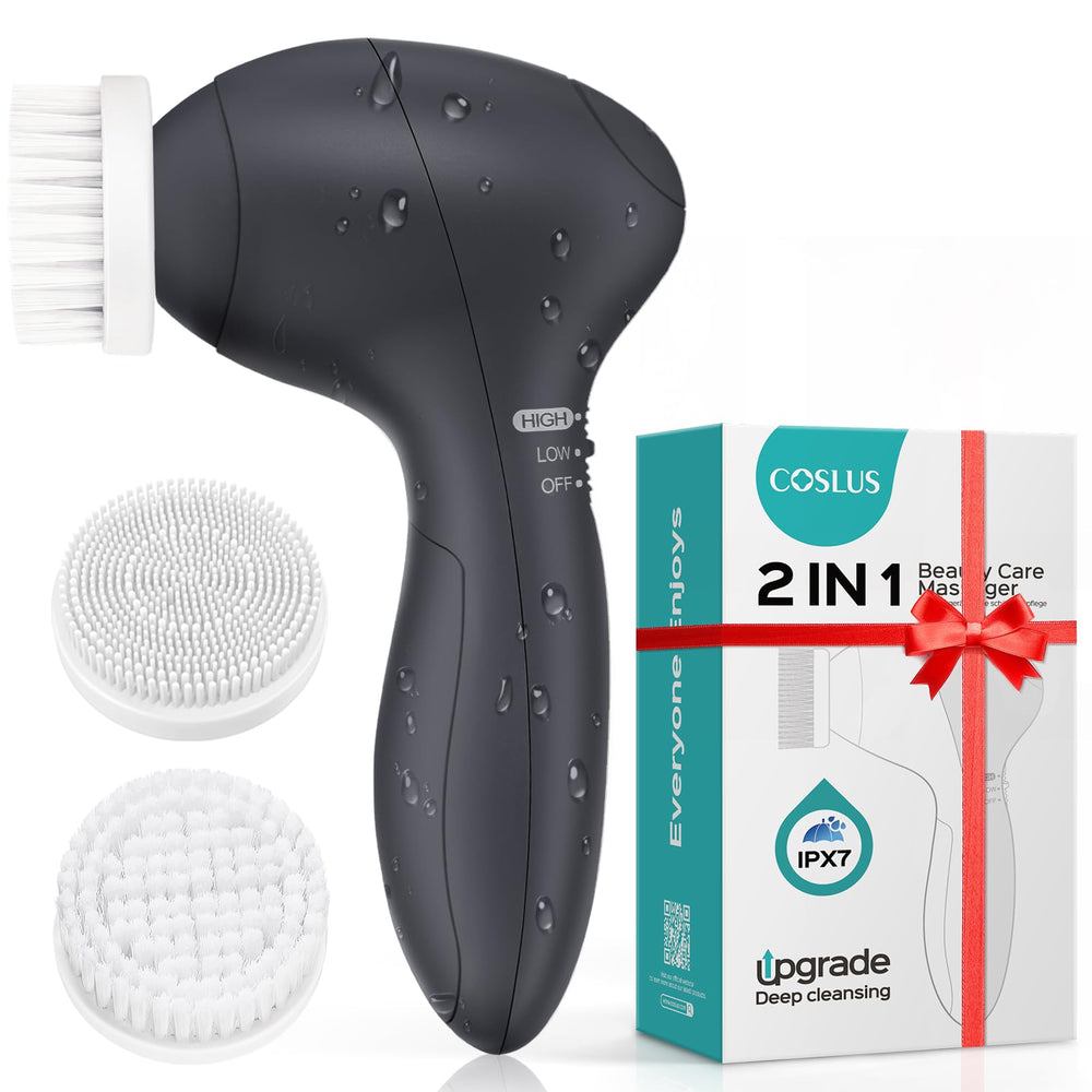 COSLUS Face Scrubber dual-speed front view shows gentle cleansing and exfoliation benefits