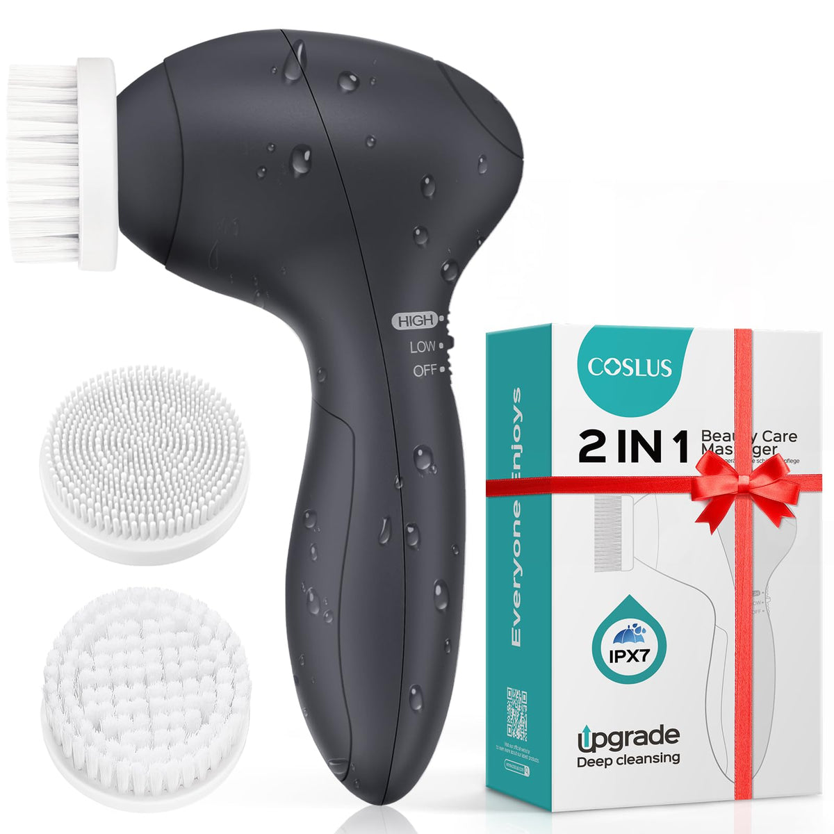 COSLUS Face Scrubber dual-speed front view shows gentle cleansing and exfoliation benefits