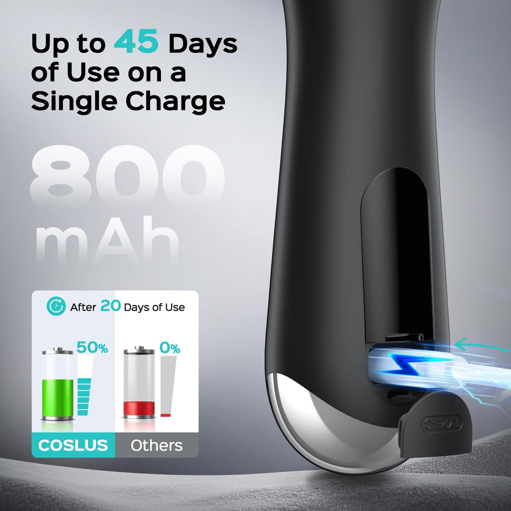 COSLUS face scrubber in shower highlighting IPX7 waterproof design.