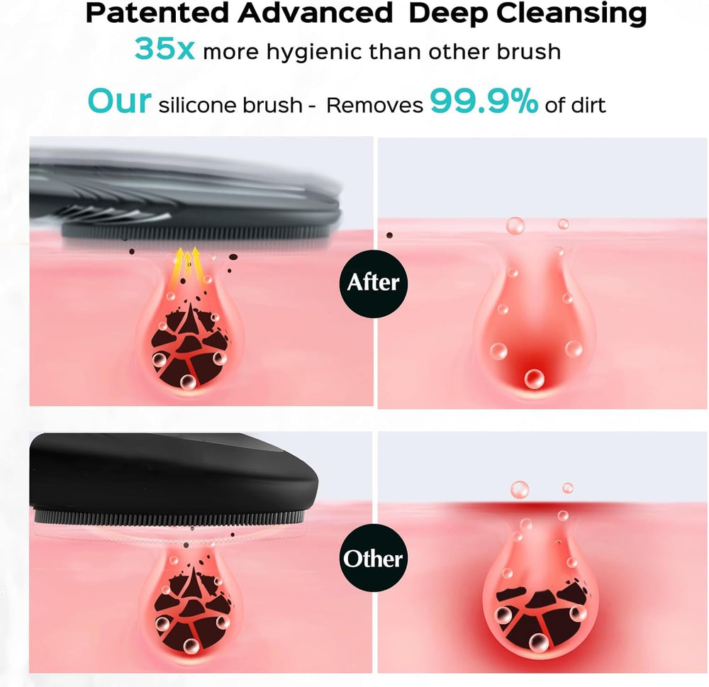 COSLUS face scrubber silicone bristles for thorough pore cleansing.