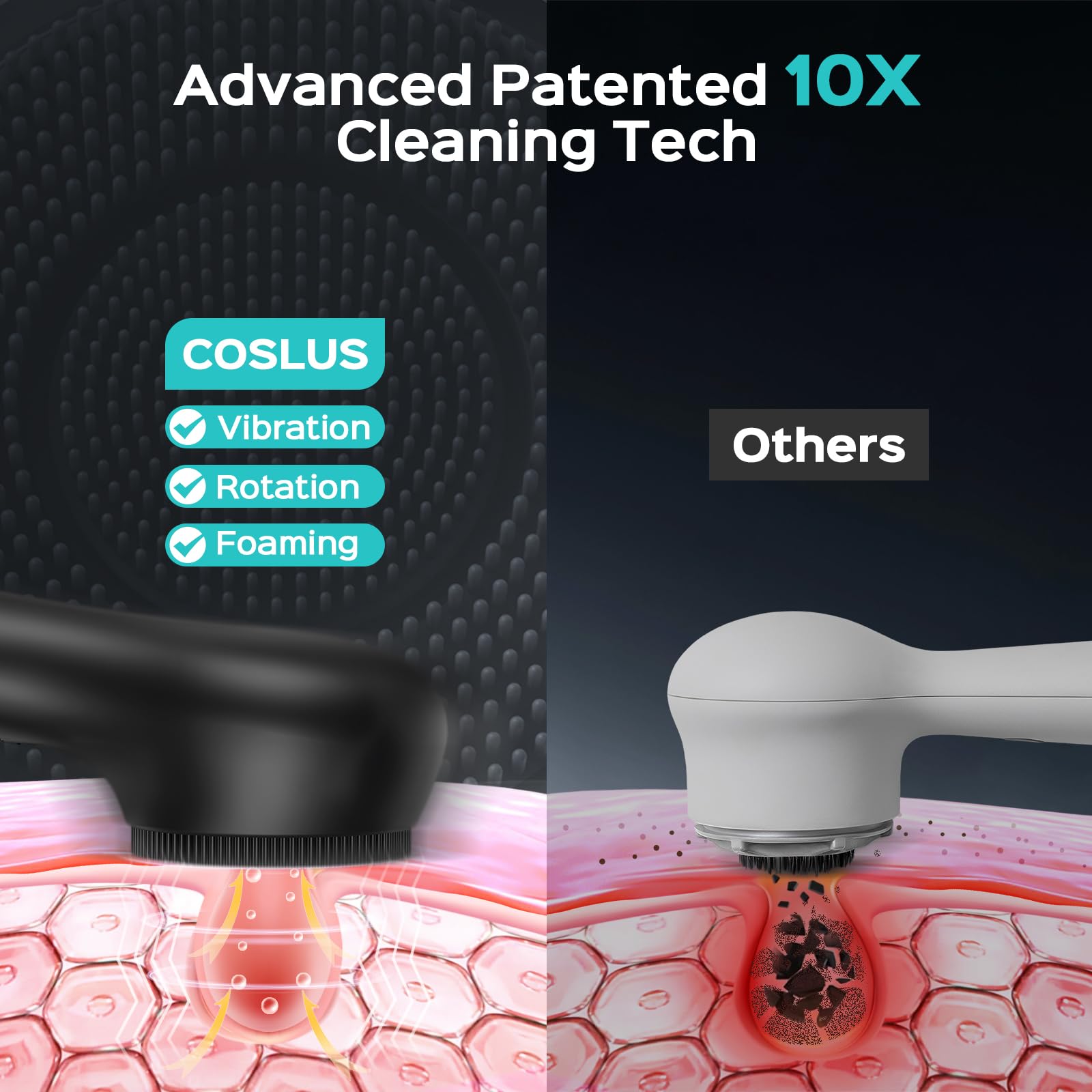 COSLUS scrubber stored with mesh bag for travel-friendly skincare setup.