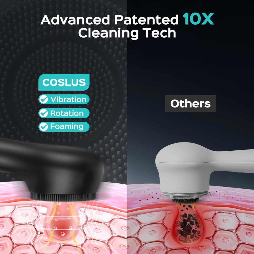 COSLUS scrubber stored with mesh bag for travel-friendly skincare setup.