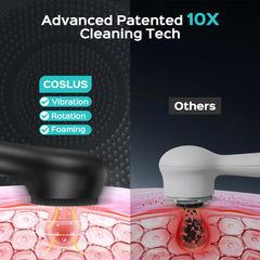 COSLUS scrubber stored with mesh bag for travel-friendly skincare setup.