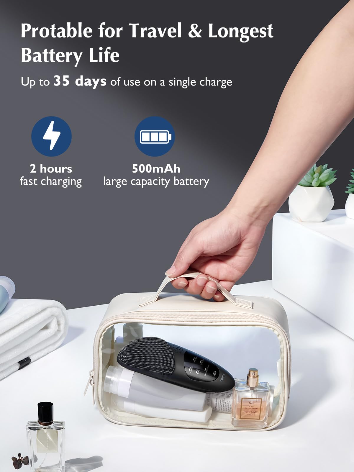 COSLUS Face Scrubber charging port shown with 5V adapter compatibility