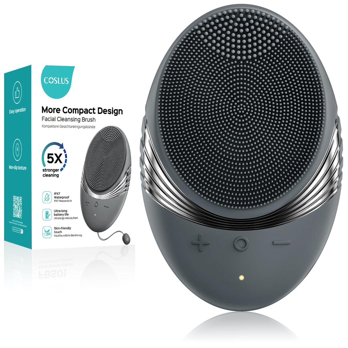 COSLUS facial cleansing brush compact design for travel skincare.