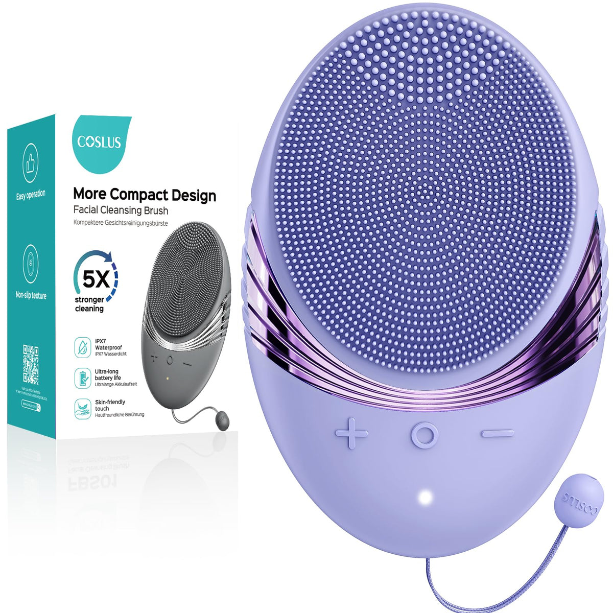 COSLUS facial cleansing brush full device showing 5 cleaning modes for customizable cleansing