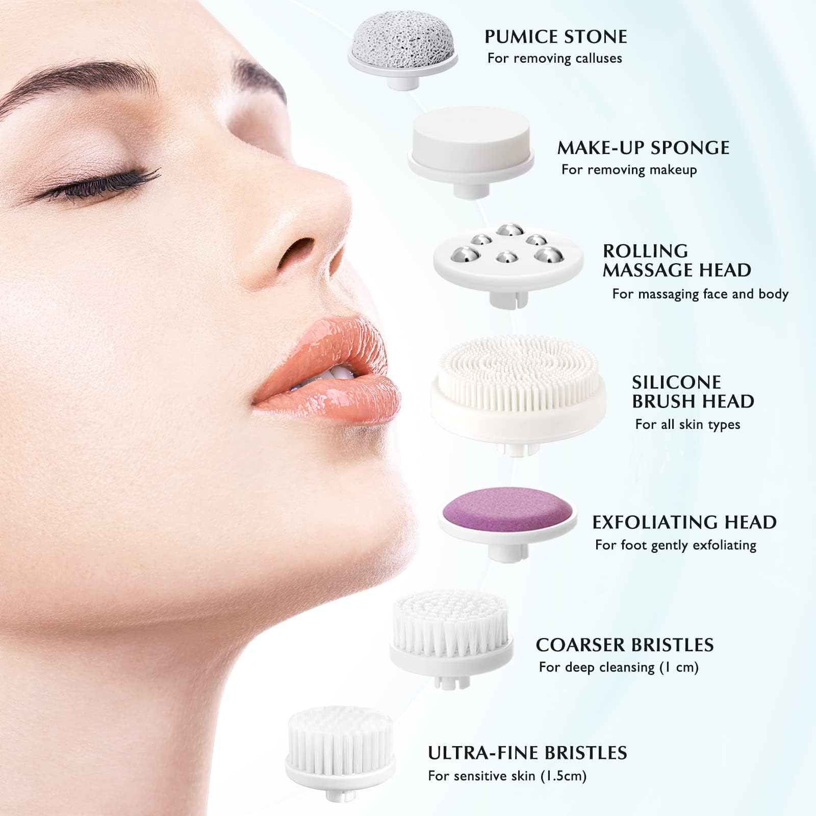 COSLUS bristle heads assortment supports sensitive skin cleansing.