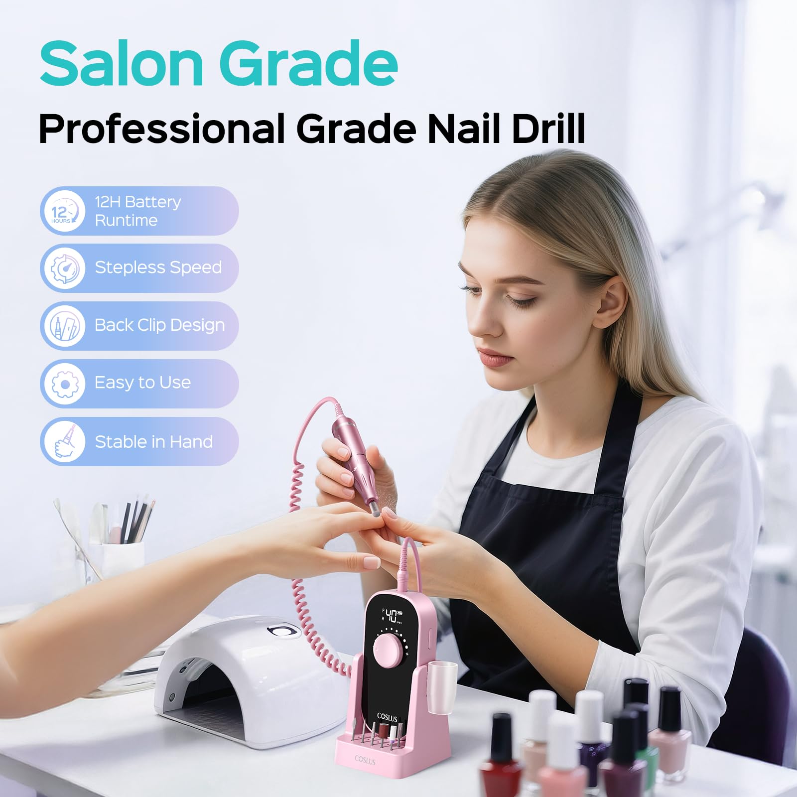 COSLUS nail drill back clip attaches to pocket, enabling hands-free mobility during work.