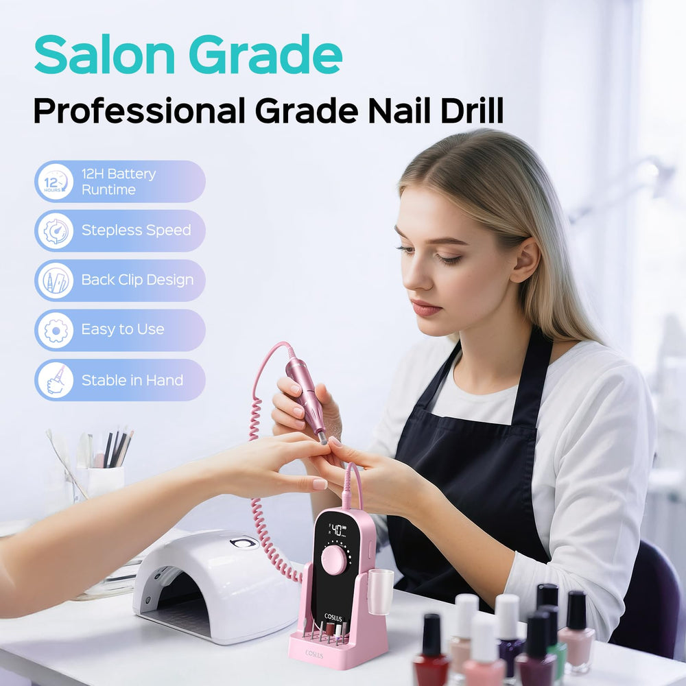 COSLUS nail drill back clip attaches to pocket, enabling hands-free mobility during work.
