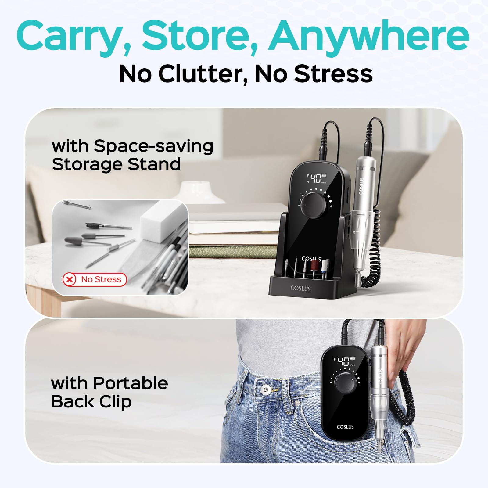 COSLUS nail drill back clip allows hands-free operation during work.