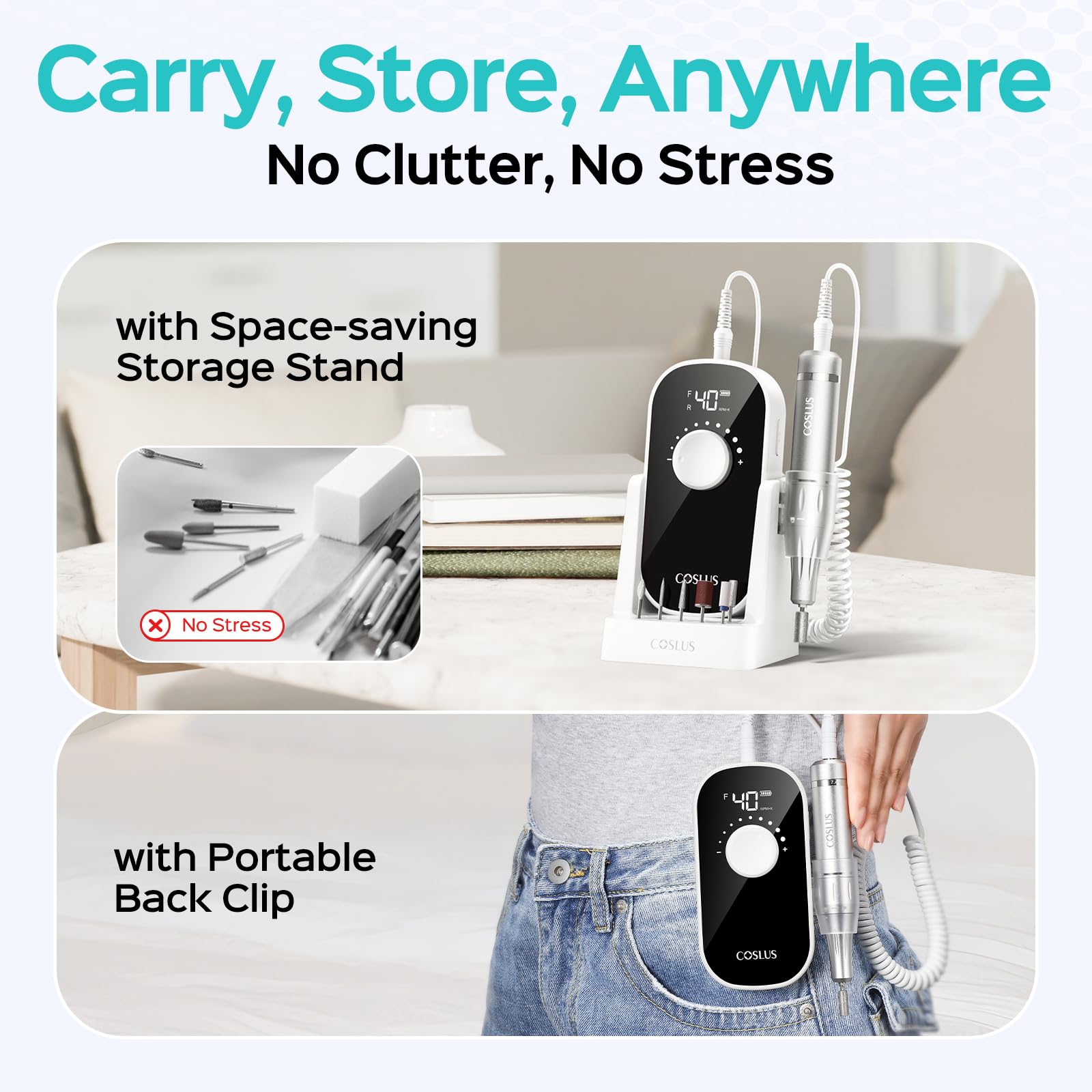 COSLUS nail drill battery and charging support long sessions.