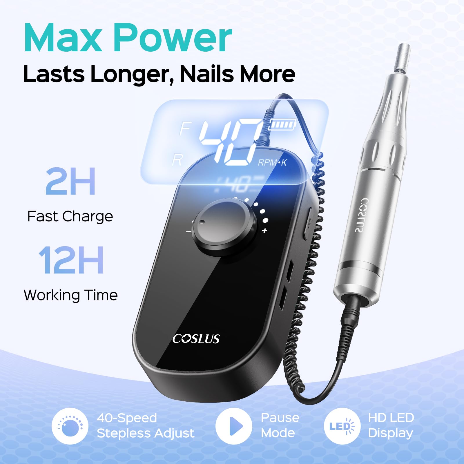 COSLUS nail drill battery pack supports long sessions with fast charging.