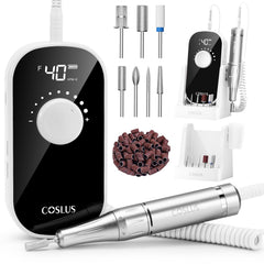 COSLUS nail drill front view shows 40,000 RPM power for precise shaping.