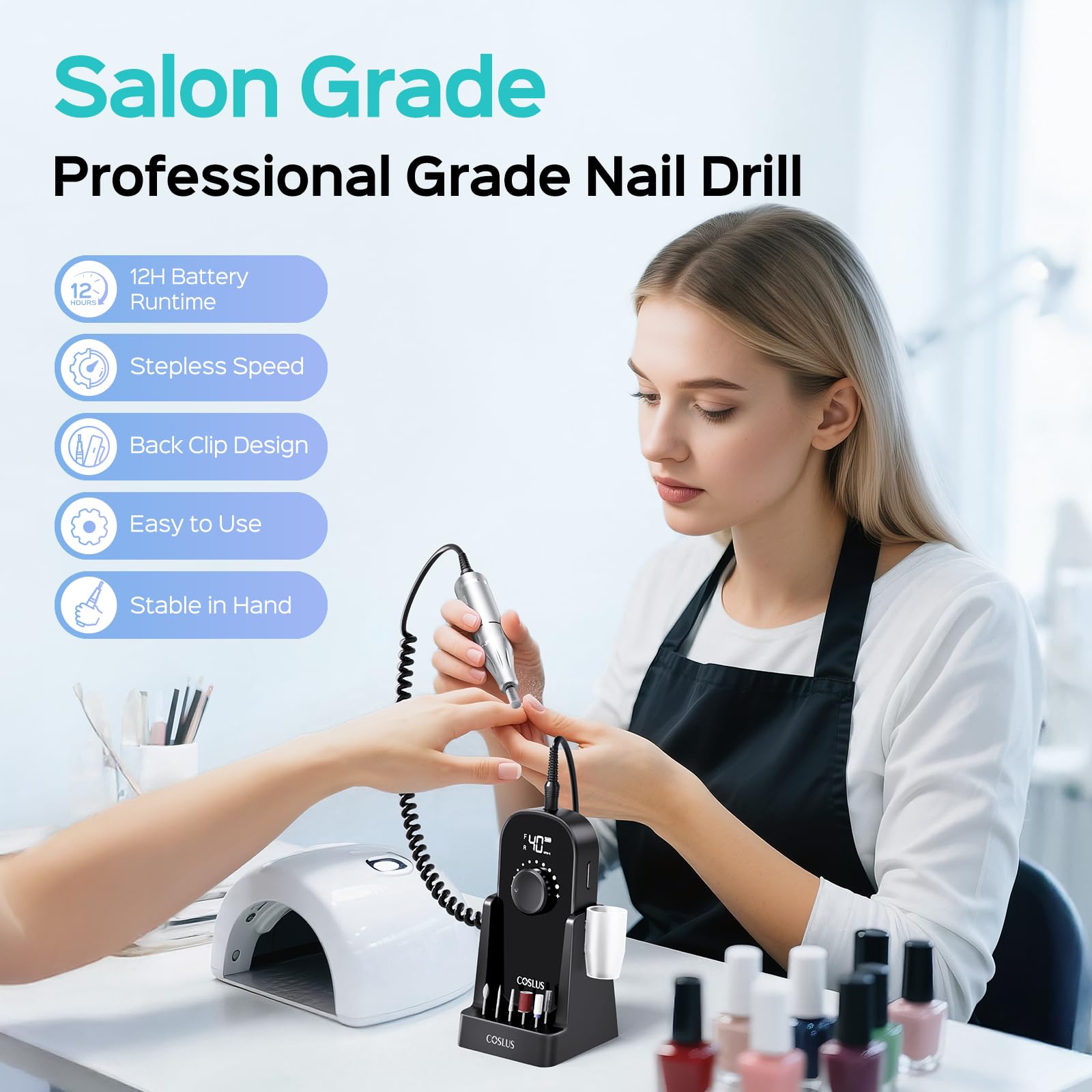 COSLUS nail drill LED display shows speed and battery at a glance.