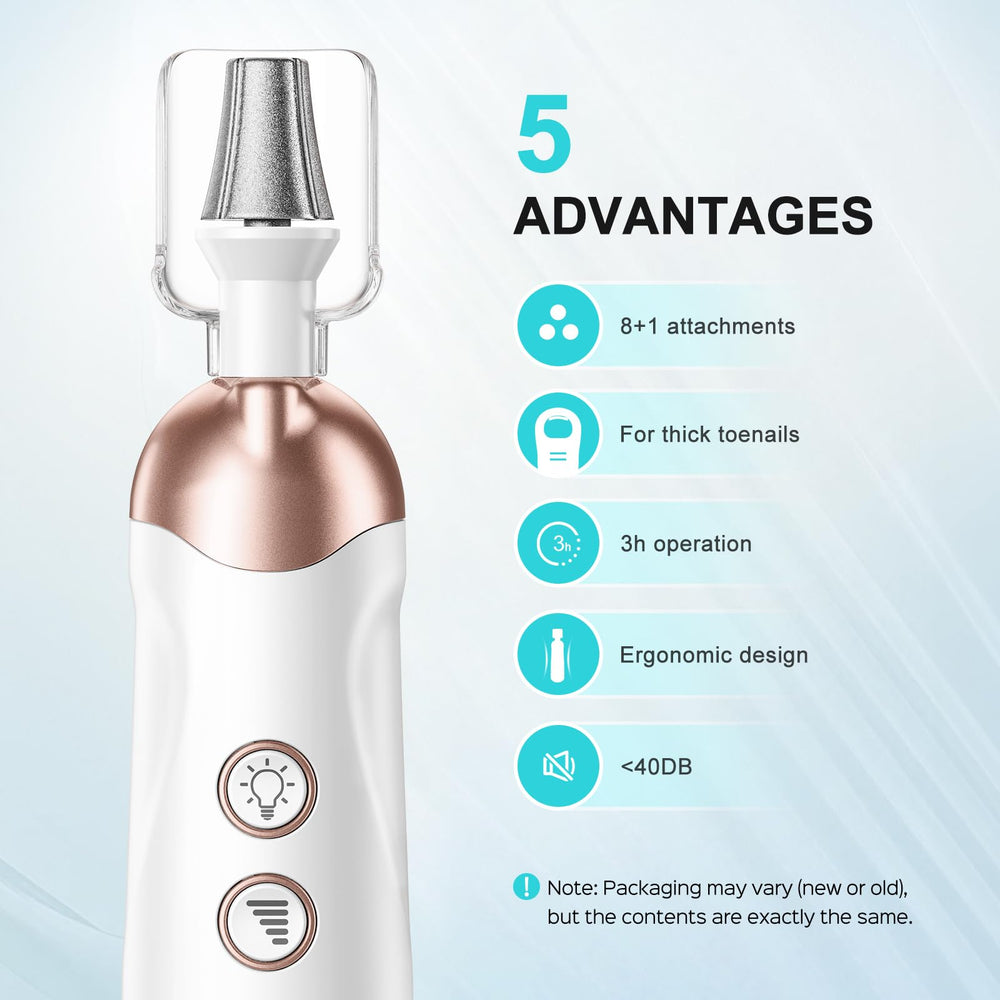 COSLUS nail drill set with LED light enables precise filing and cuticle work.