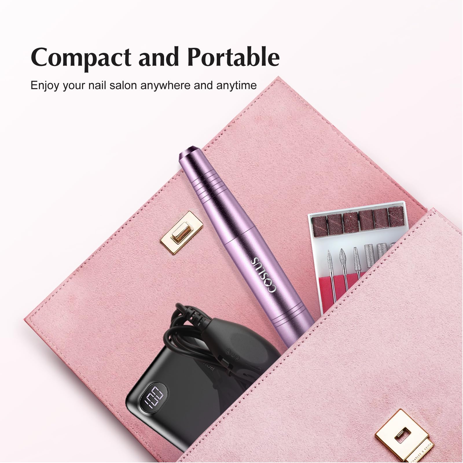COSLUS lightweight portable image shows easy transport for home or travel manicures.