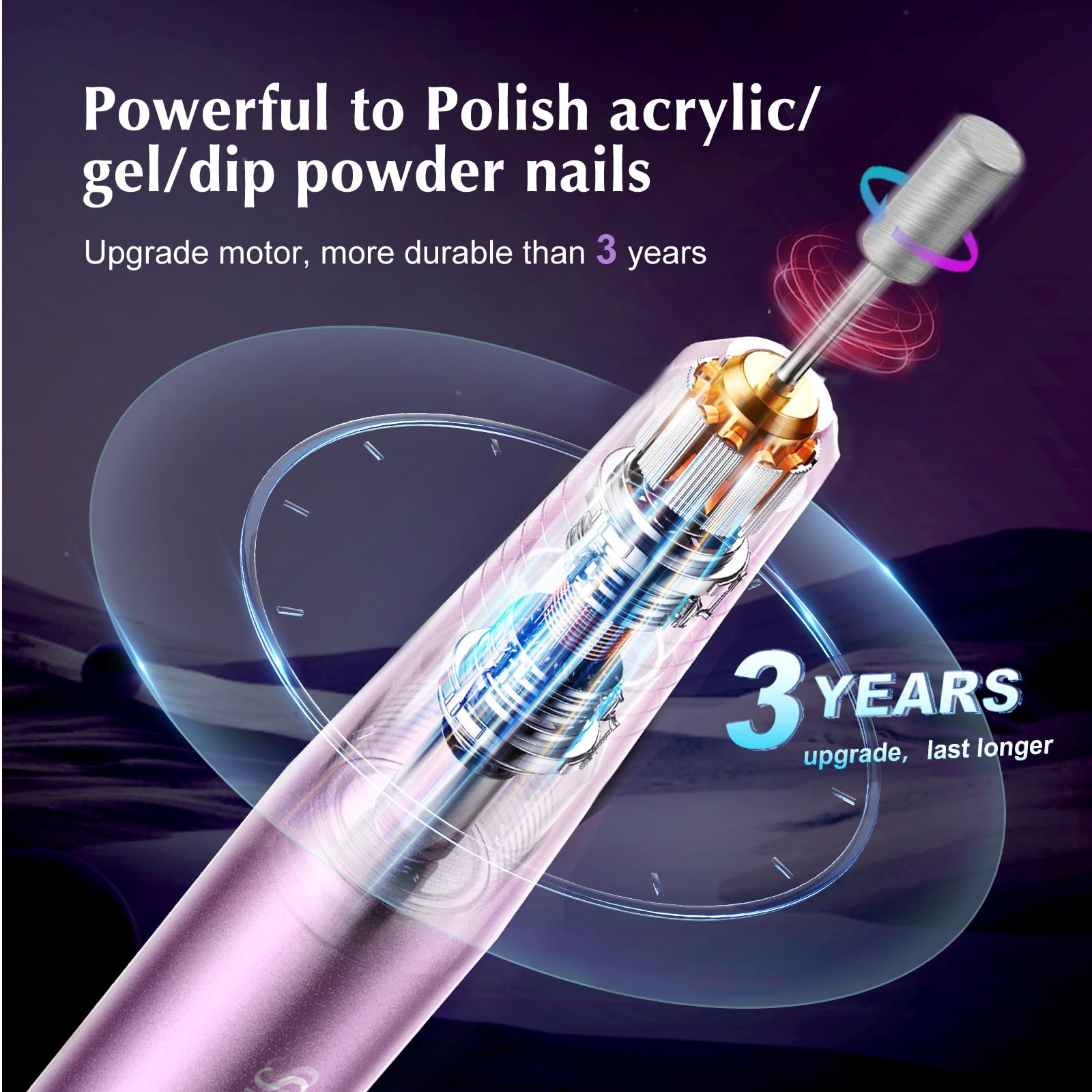 COSLUS nail drill pen-shaped design image emphasizes compact grip for detail work.