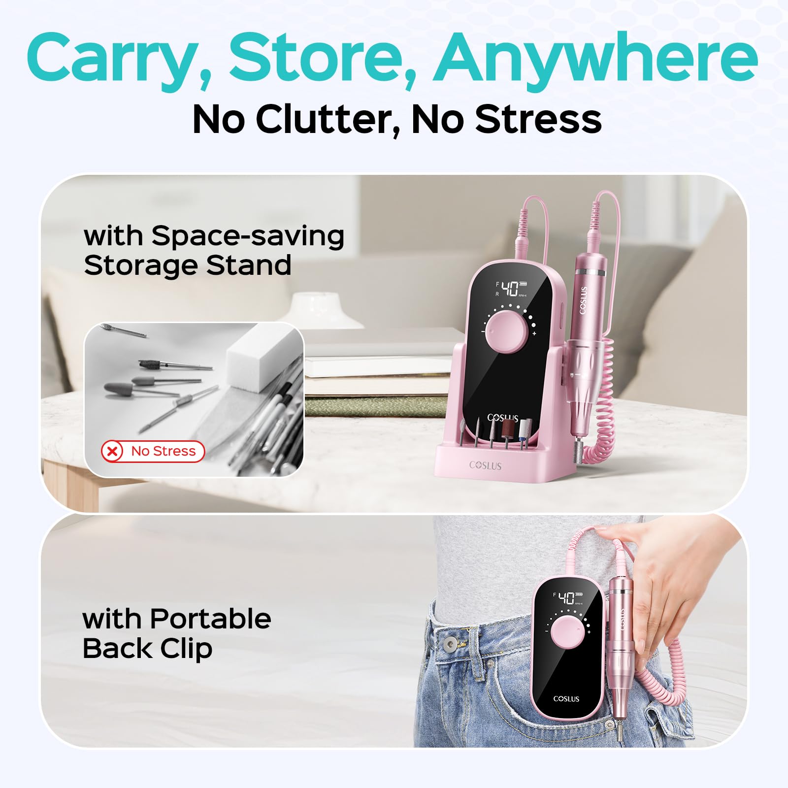 COSLUS pink-packaged nail drill adds a stylish, portable option for travel and home use.