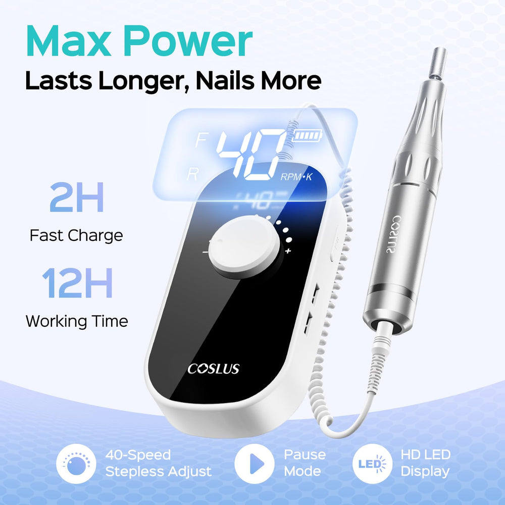 COSLUS nail drill speed dial offers versatile control for prep to removal.
